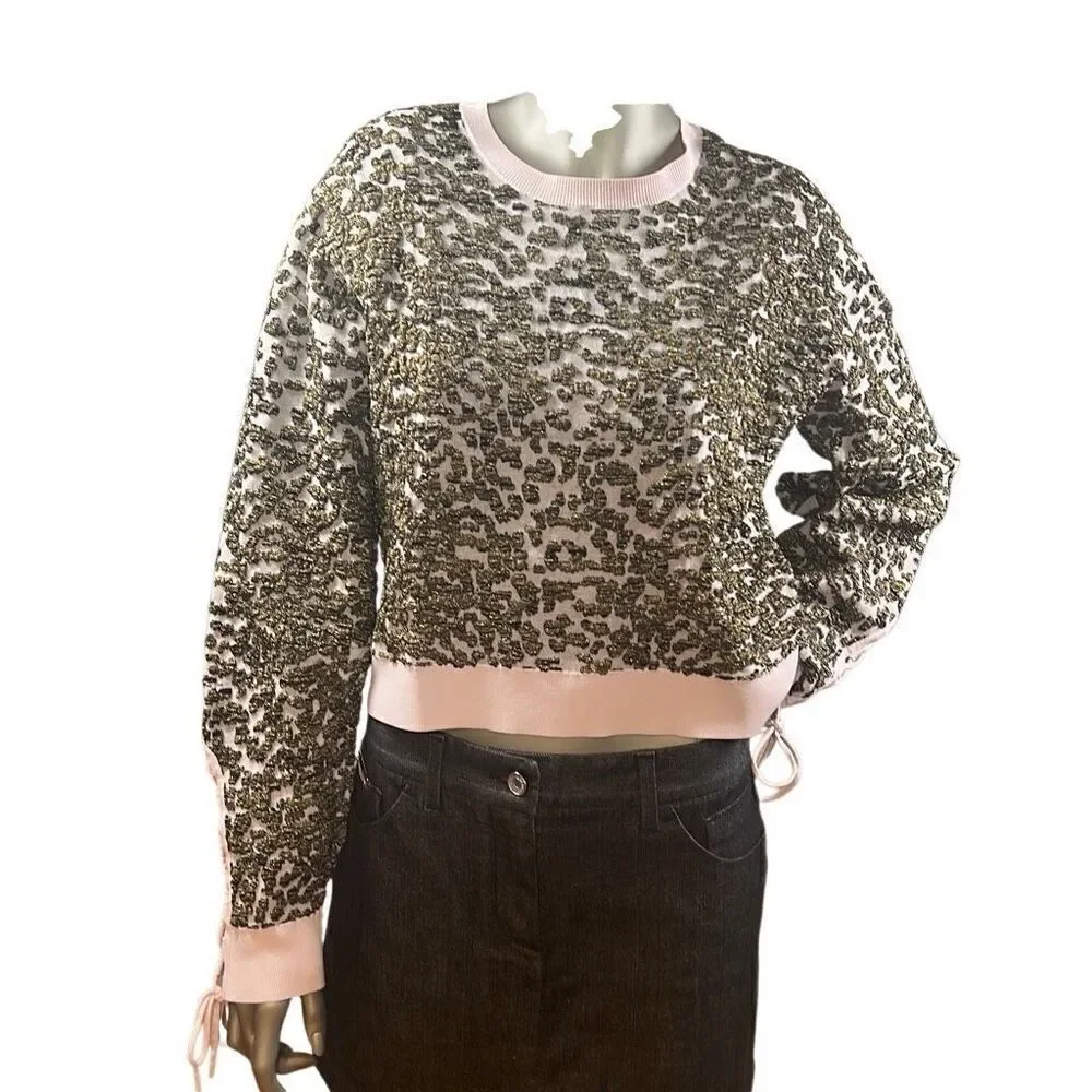 Jonathan Simkhai Animal Print Jacquard Cropped Sweater Lace L NWT